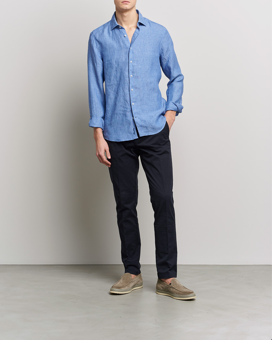 Heren | Overhemden | Stenströms | Slimline Cut Away Linen Shirt Mid Blue