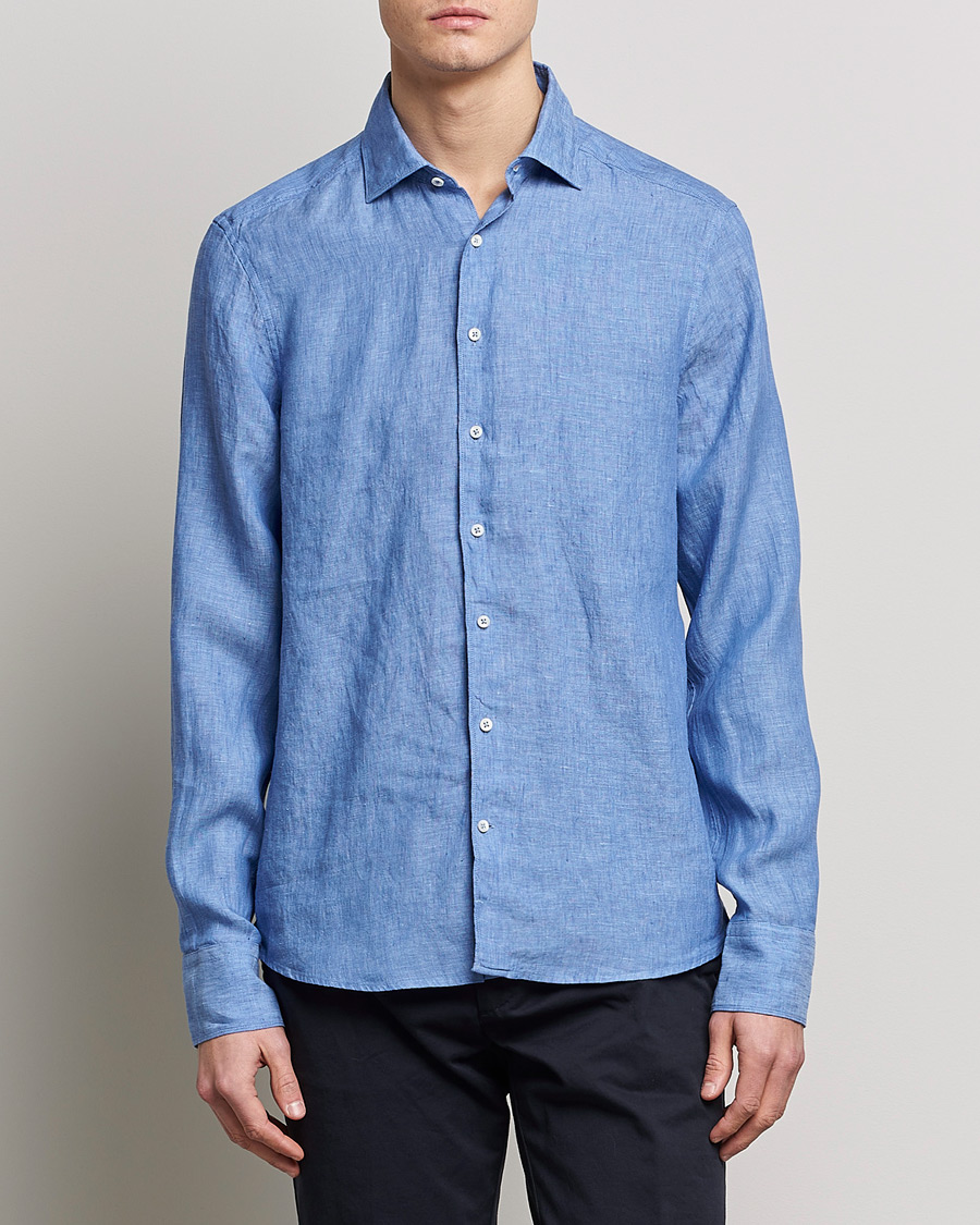 Heren | Overhemden | Stenströms | Slimline Cut Away Linen Shirt Mid Blue