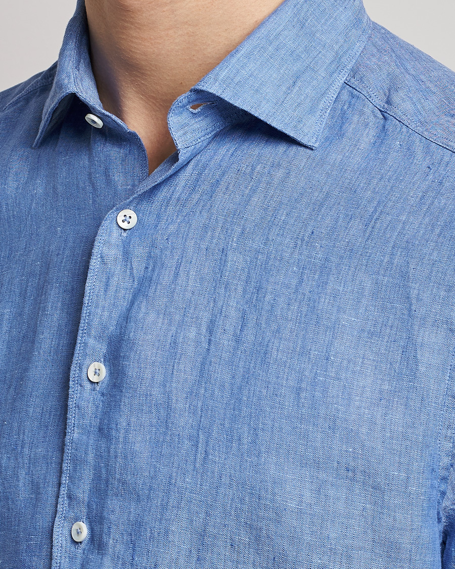 Heren | Overhemden | Stenströms | Slimline Cut Away Linen Shirt Mid Blue
