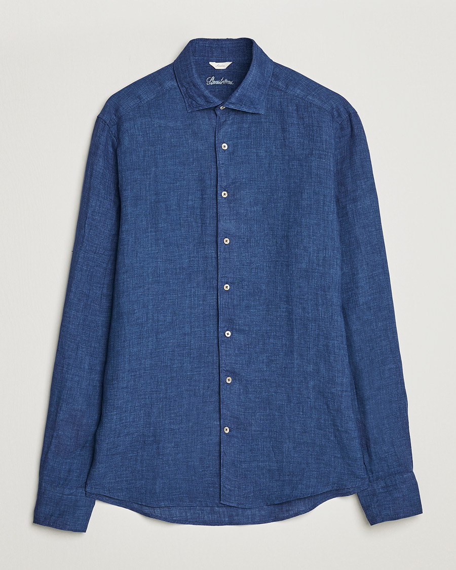 Heren | Overhemden | Stenströms | Slimline Cut Away Linen Shirt Dark Blue