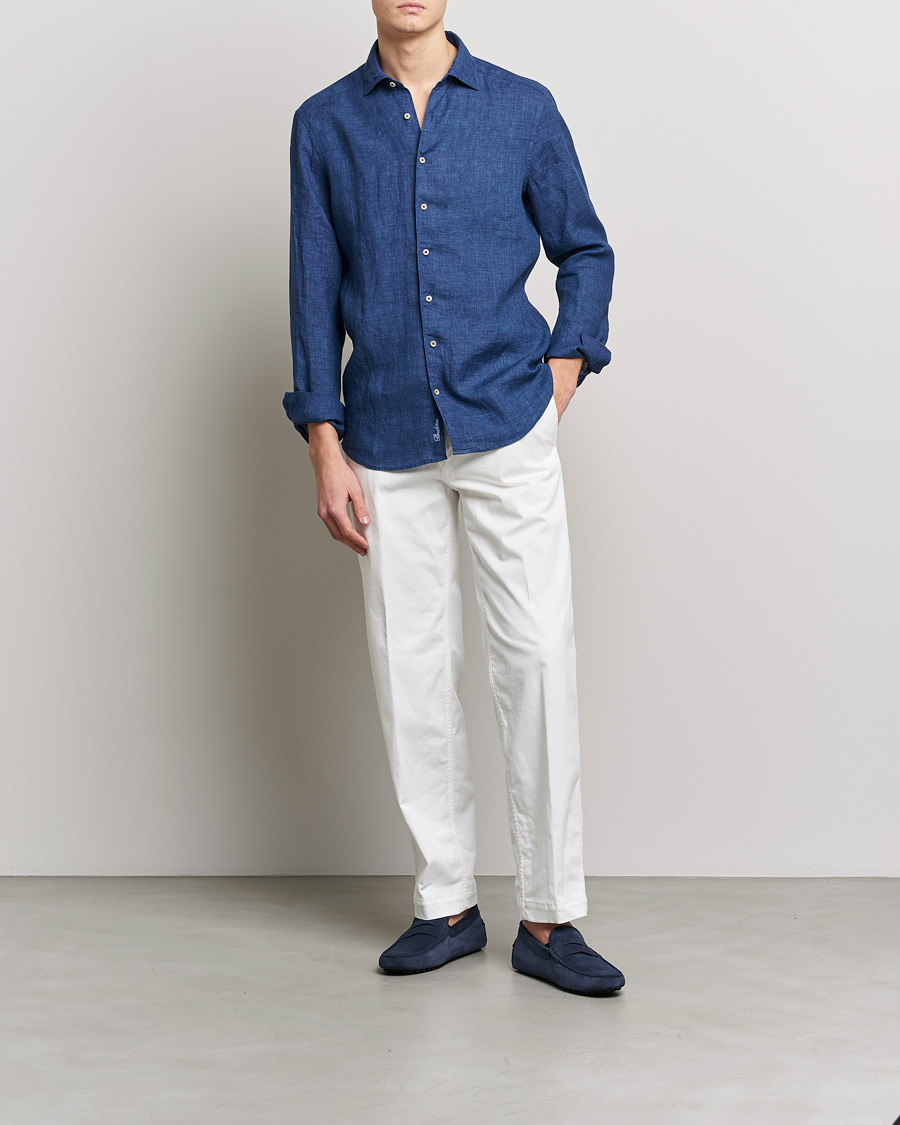 Heren | Overhemden | Stenströms | Slimline Cut Away Linen Shirt Dark Blue