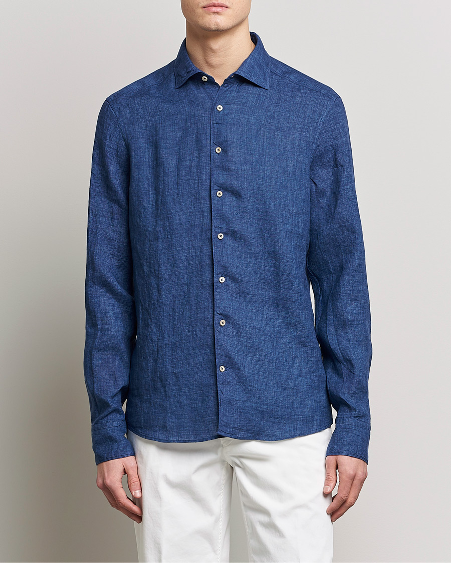 Heren | Overhemden | Stenströms | Slimline Cut Away Linen Shirt Dark Blue