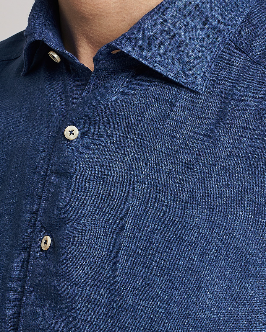 Heren | Overhemden | Stenströms | Slimline Cut Away Linen Shirt Dark Blue