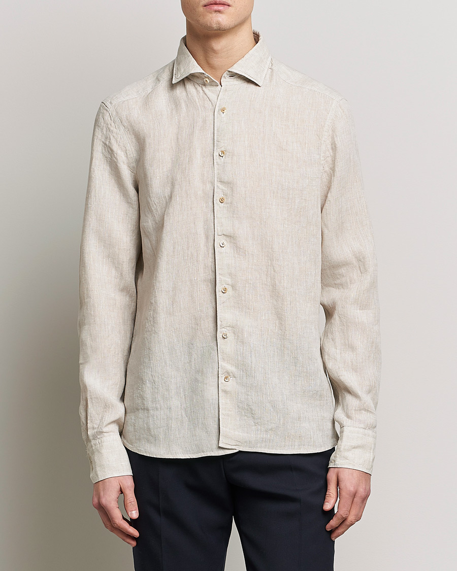 Heren | Casual | Stenströms | Slimline Cut Away Linen Shirt Beige