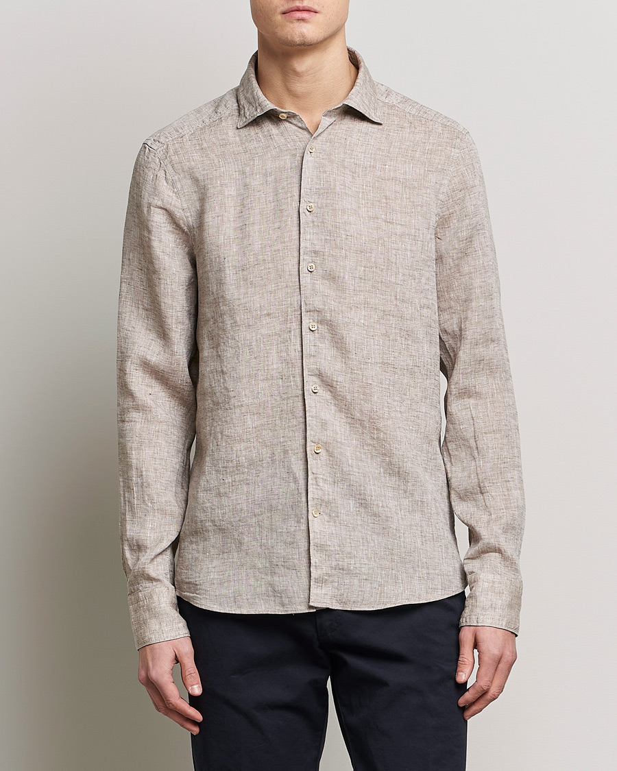 Heren | Overhemden | Stenströms | Slimline Cut Away Linen Shirt Light Brown