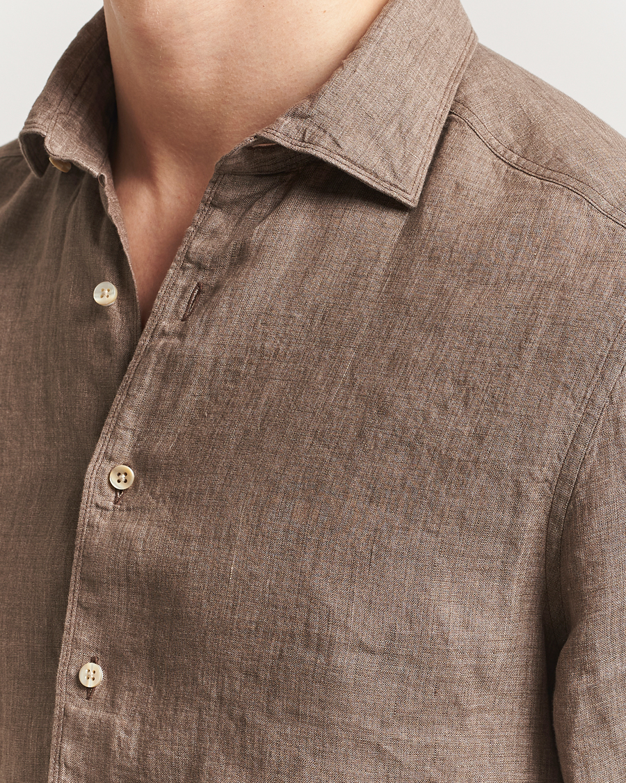 Heren | Overhemden | Stenströms | Slimline Cut Away Linen Shirt Brown