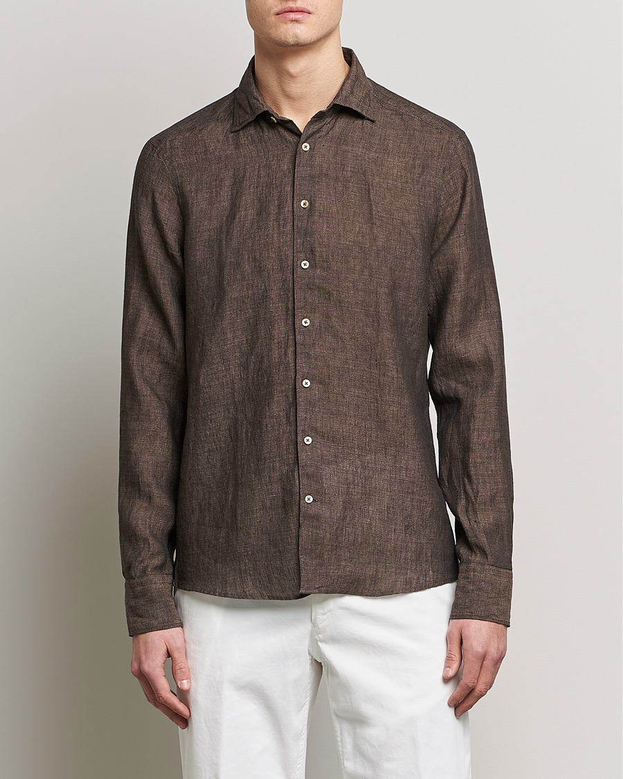 Heren | Linnen overhemden | Stenströms | Slimline Cut Away Linen Shirt Dark Brown