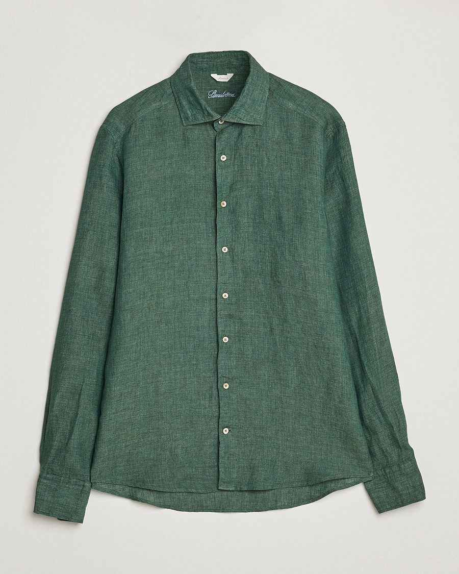 Heren | Overhemden | Stenströms | Slimline Cut Away Linen Shirt Dark Green