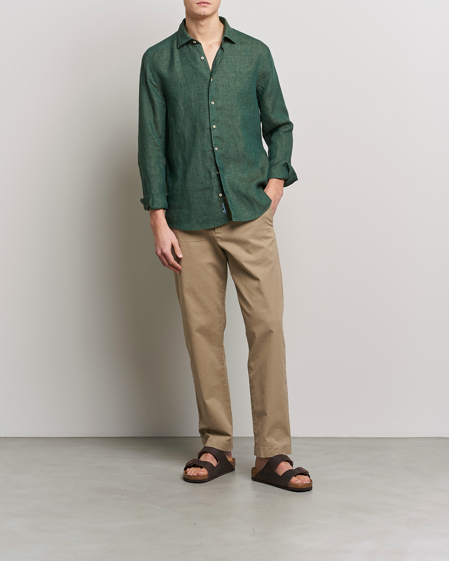 Heren | Overhemden | Stenströms | Slimline Cut Away Linen Shirt Dark Green