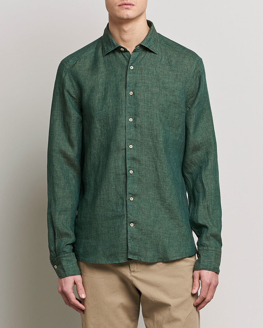 Heren | Overhemden | Stenströms | Slimline Cut Away Linen Shirt Dark Green
