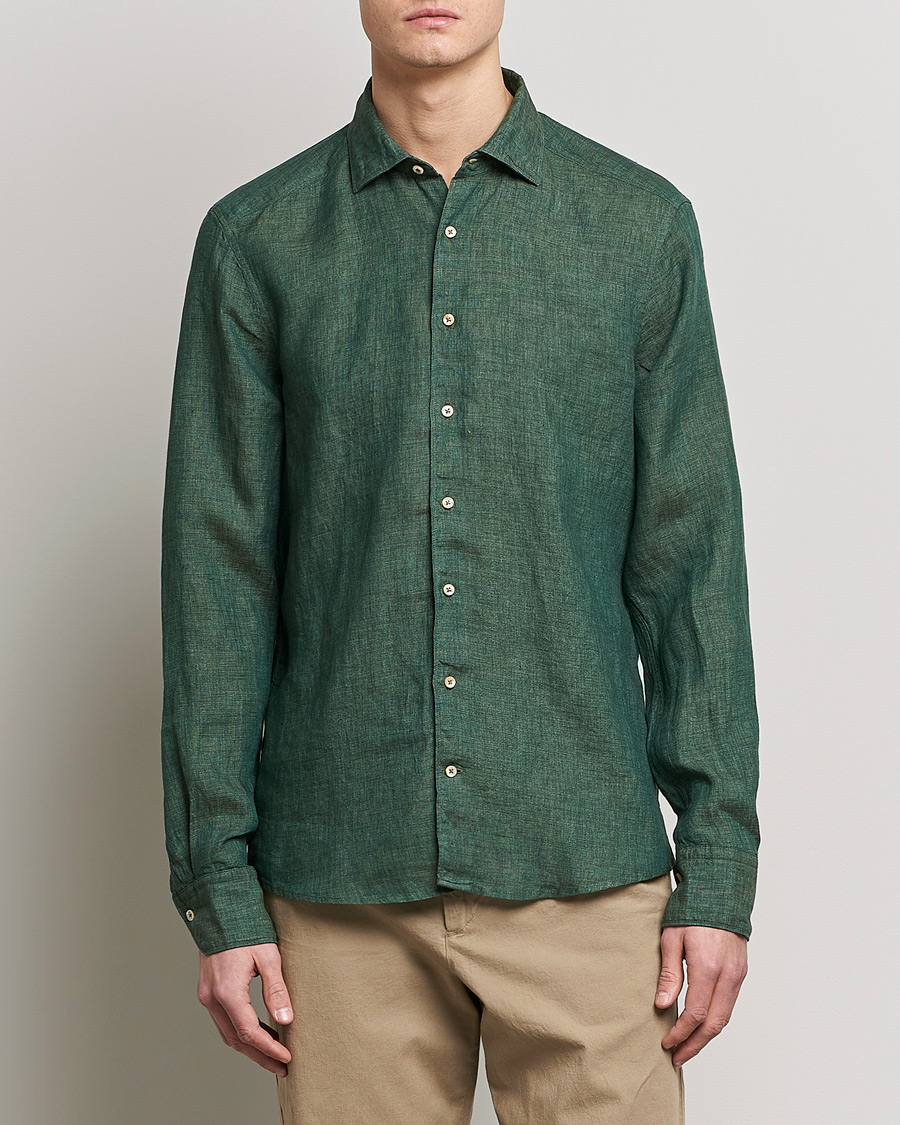 Heren | Linnen overhemden | Stenströms | Slimline Cut Away Linen Shirt Dark Green