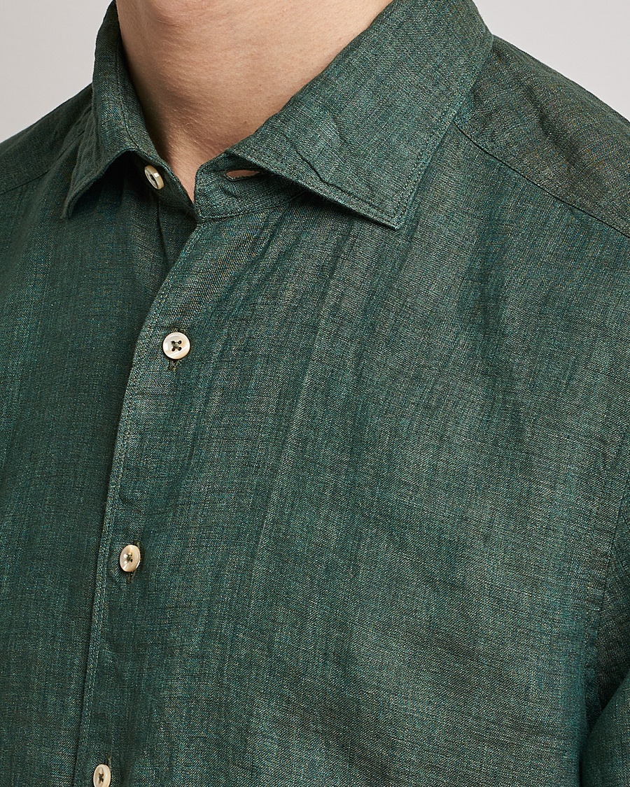 Heren | Overhemden | Stenströms | Slimline Cut Away Linen Shirt Dark Green