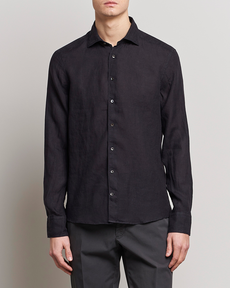 Heren | Overhemden | Stenströms | Slimline Cut Away Linen Shirt Black