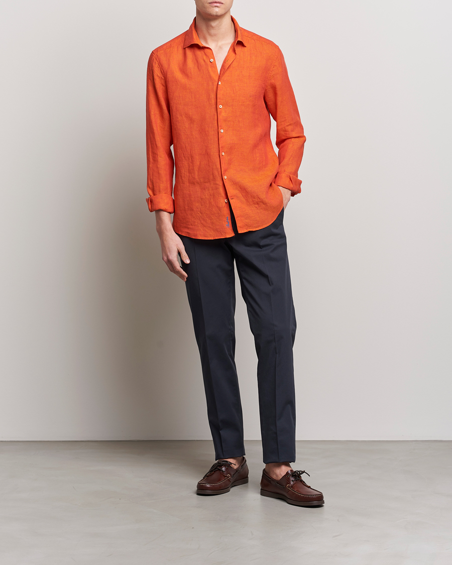 Heren | Overhemden | Stenströms | Slimline Cut Away Linen Shirt Orange
