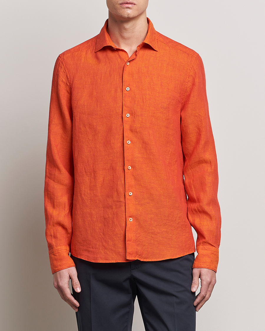Heren | Overhemden | Stenströms | Slimline Cut Away Linen Shirt Orange