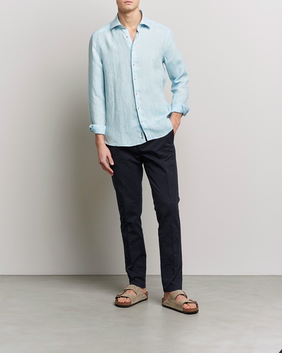 Heren | Overhemden | Stenströms | Slimline Cut Away Linen Shirt Turqoise