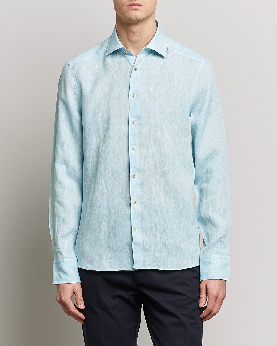 Heren | Overhemden | Stenströms | Slimline Cut Away Linen Shirt Turqoise