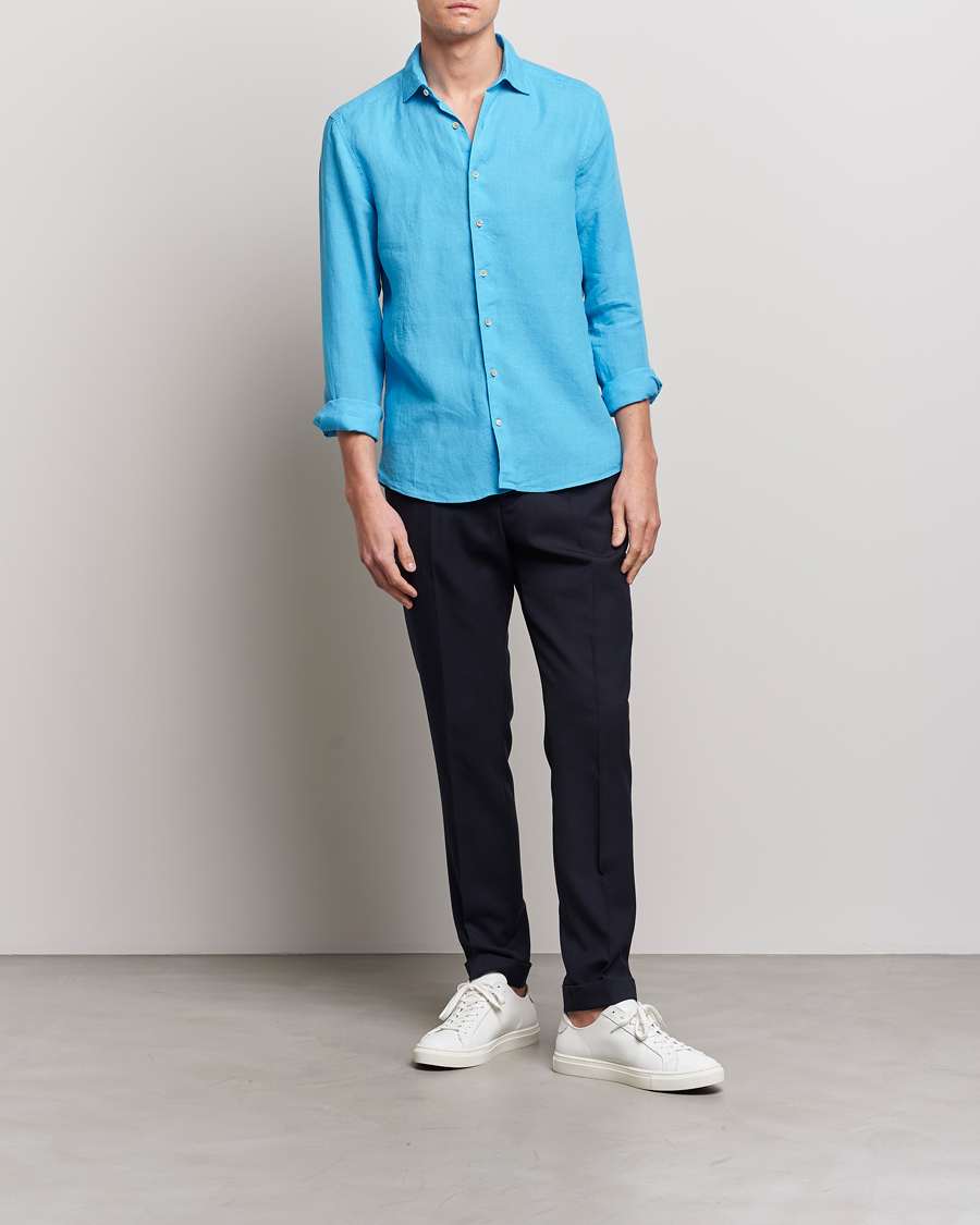 Heren | Overhemden | Stenströms | Slimline Cut Away Linen Shirt High Blue