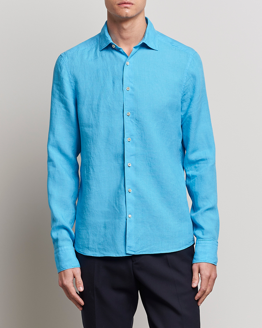 Heren | Overhemden | Stenströms | Slimline Cut Away Linen Shirt High Blue