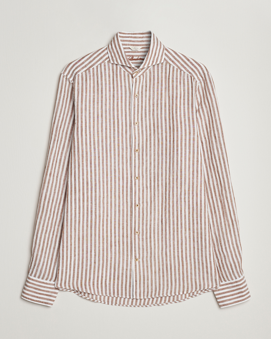 Heren | Overhemden | Stenströms | Slimline Cut Away Striped Linen Shirt Brown