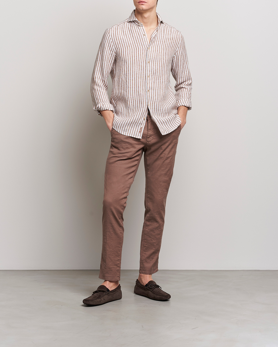Heren | Overhemden | Stenströms | Slimline Cut Away Striped Linen Shirt Brown