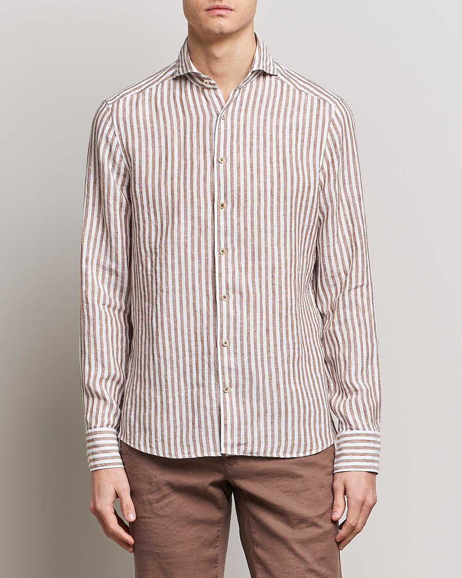 Heren | Overhemden | Stenströms | Slimline Cut Away Striped Linen Shirt Brown