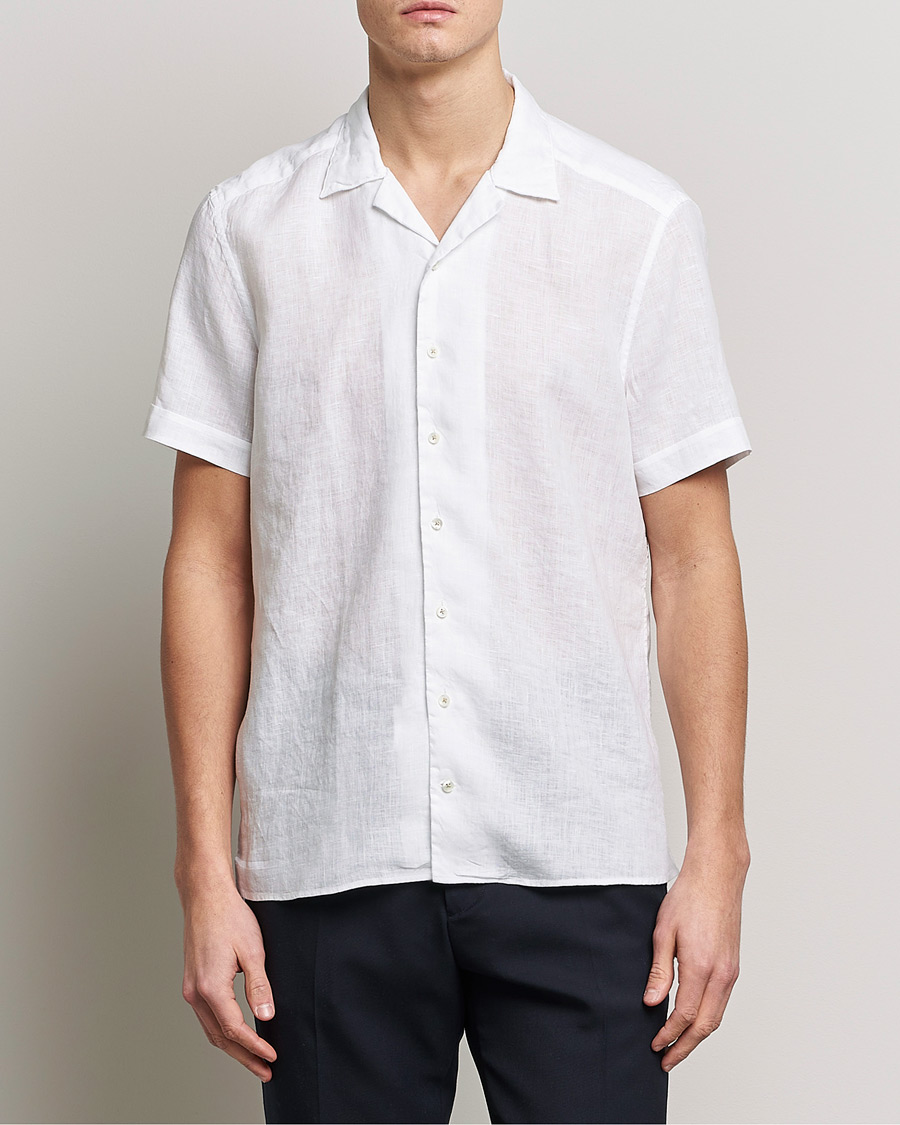 Heren | Overhemden | Stenströms | Slimline Short Sleeve Resort Linen Shirt White