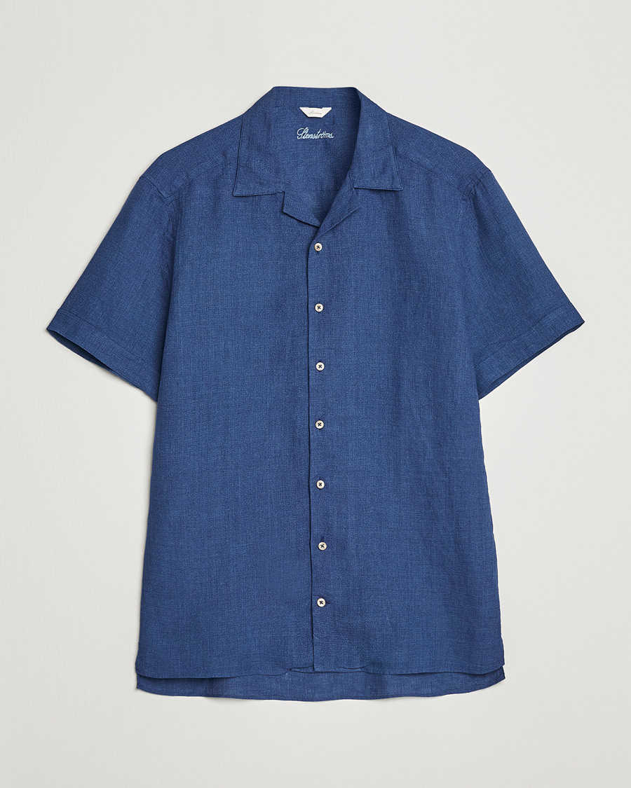 Heren | Overhemden | Stenströms | Slimline Short Sleeve Resort Linen Shirt Blue