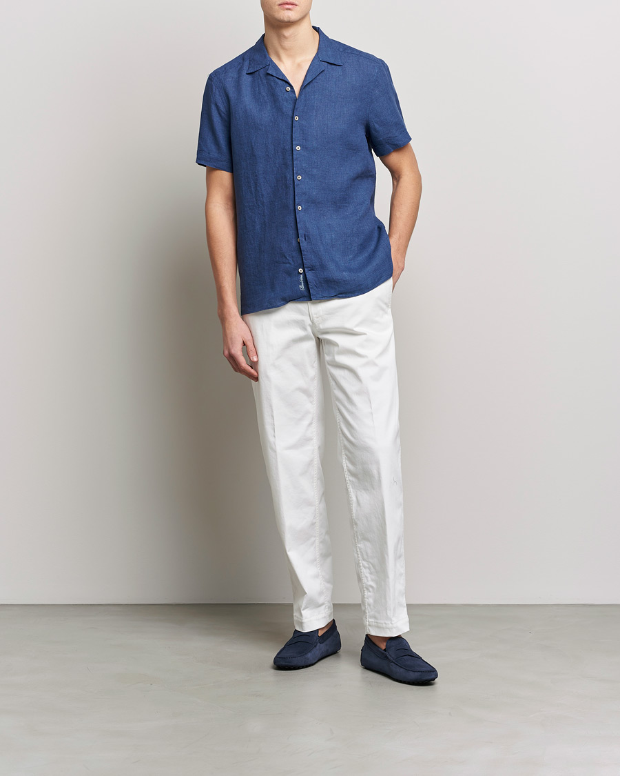 Heren | Overhemden | Stenströms | Slimline Short Sleeve Resort Linen Shirt Blue