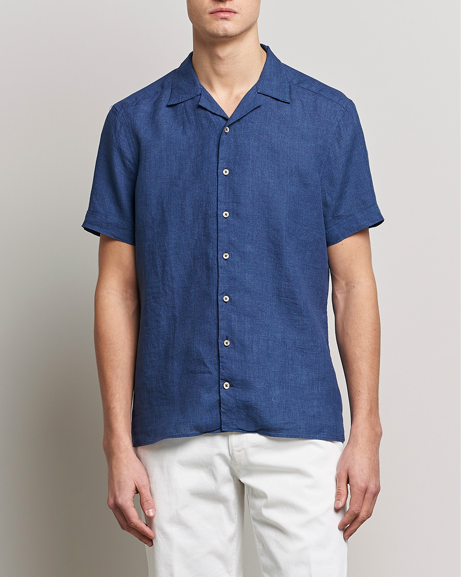 Heren | Overhemden | Stenströms | Slimline Short Sleeve Resort Linen Shirt Blue