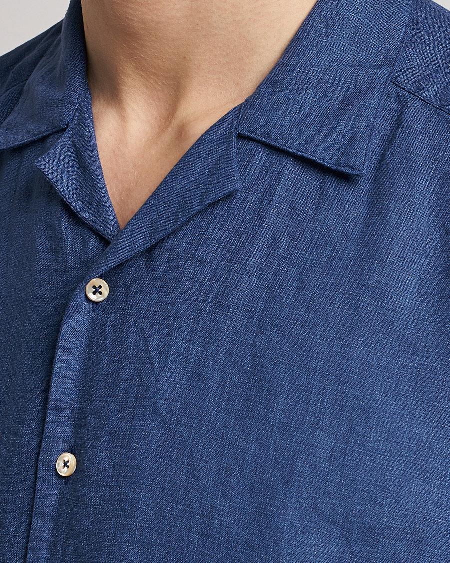 Heren | Overhemden | Stenströms | Slimline Short Sleeve Resort Linen Shirt Blue