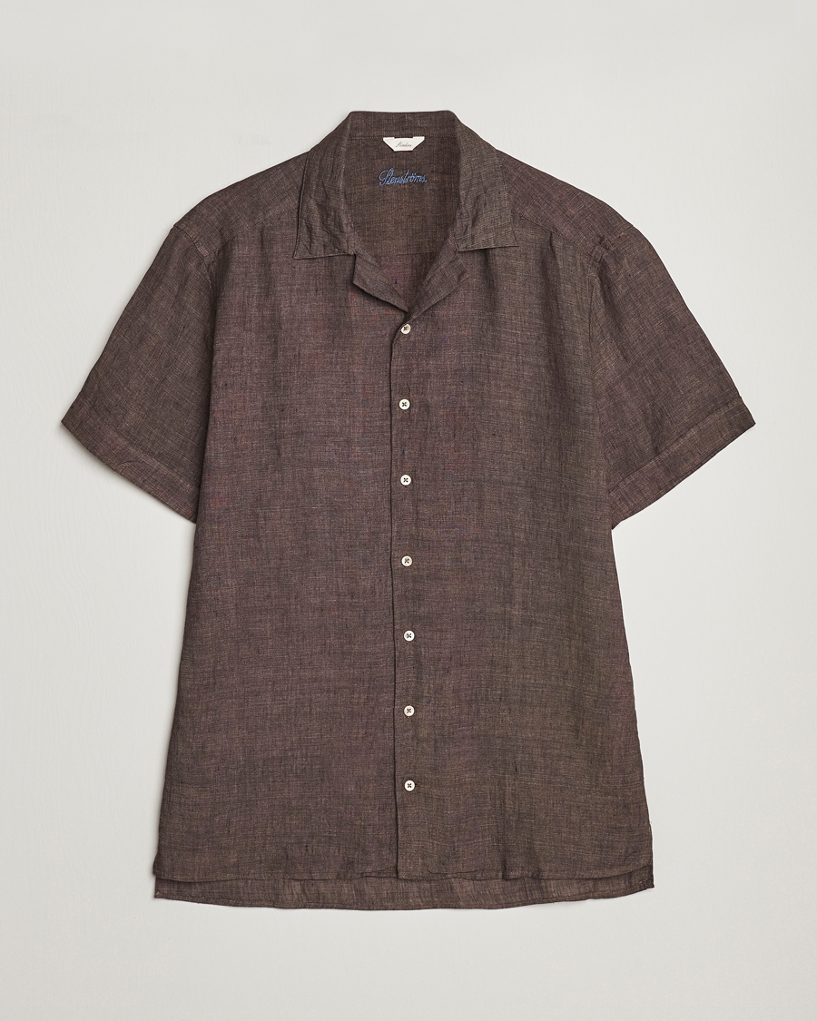 Heren | Overhemden | Stenströms | Slimline Short Sleeve Resort Linen Shirt Dark Brown