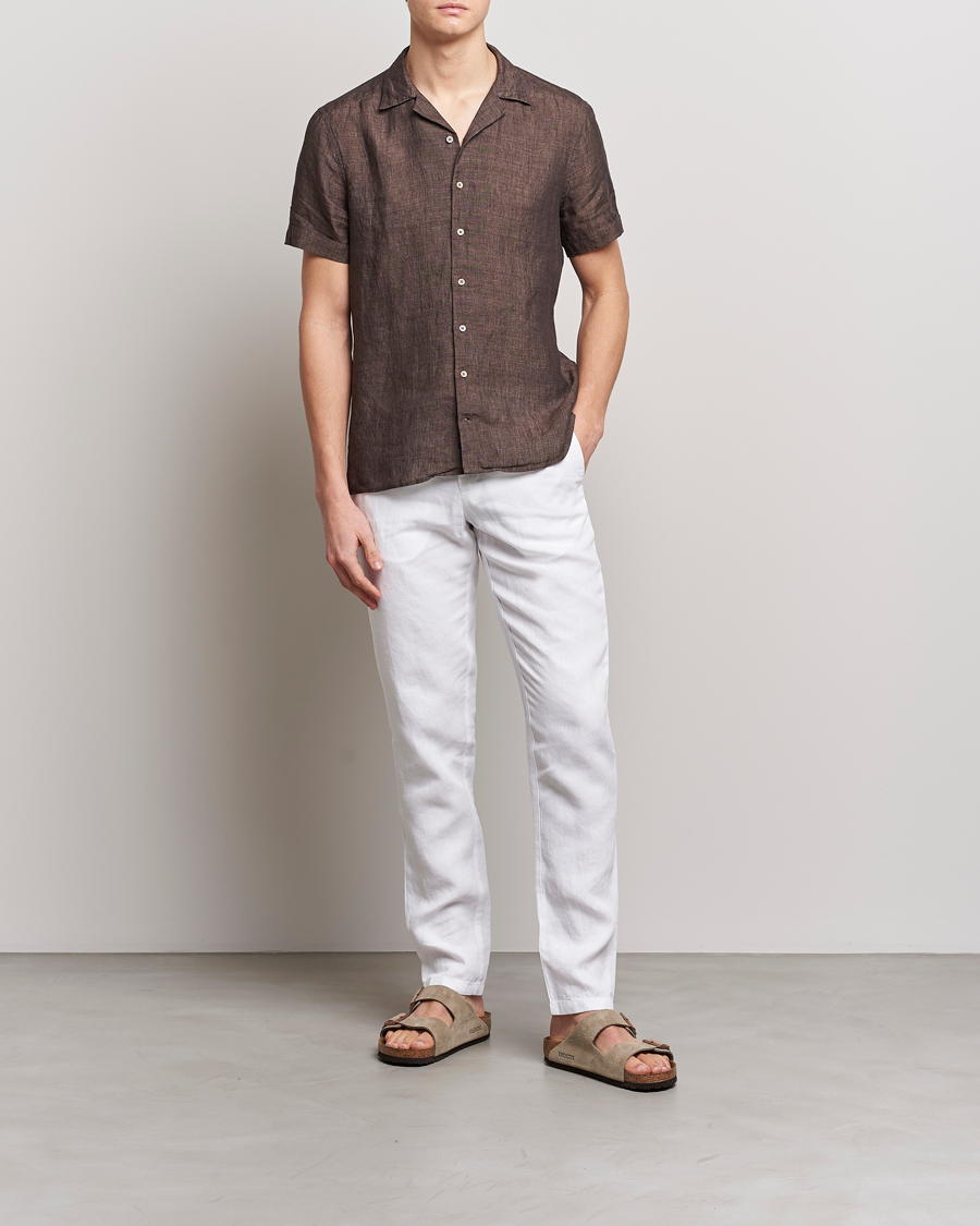 Heren | Overhemden | Stenströms | Slimline Short Sleeve Resort Linen Shirt Dark Brown