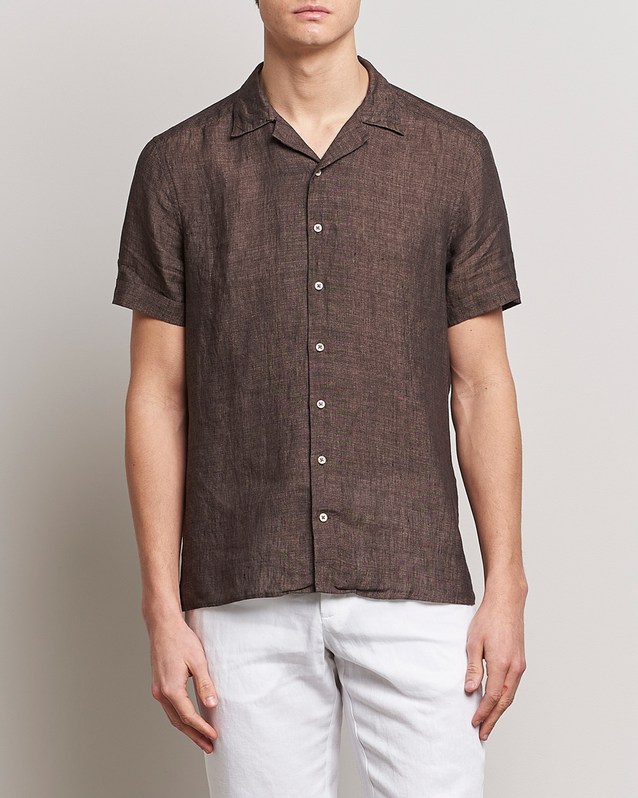 Heren | Overhemden | Stenströms | Slimline Short Sleeve Resort Linen Shirt Dark Brown