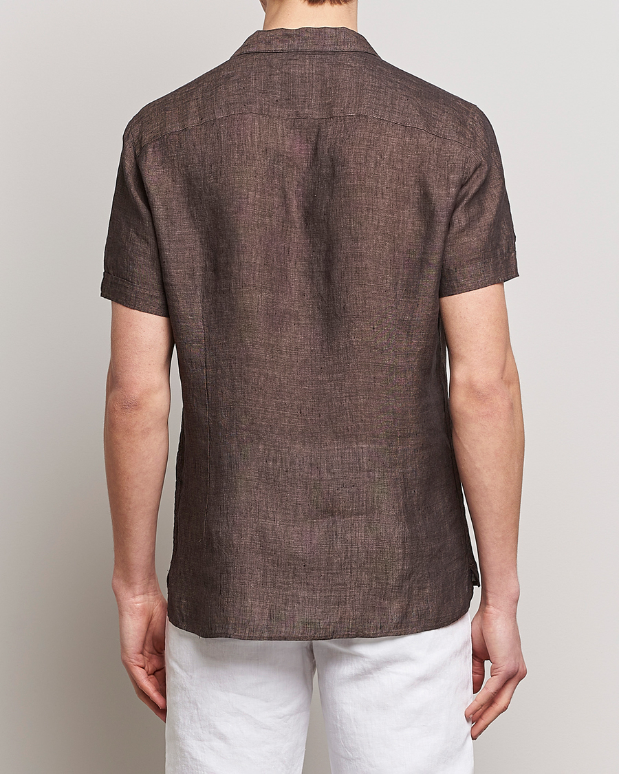Heren | Overhemden | Stenströms | Slimline Short Sleeve Resort Linen Shirt Dark Brown