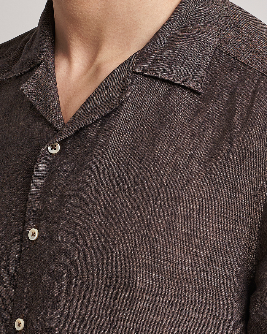 Heren | Overhemden | Stenströms | Slimline Short Sleeve Resort Linen Shirt Dark Brown
