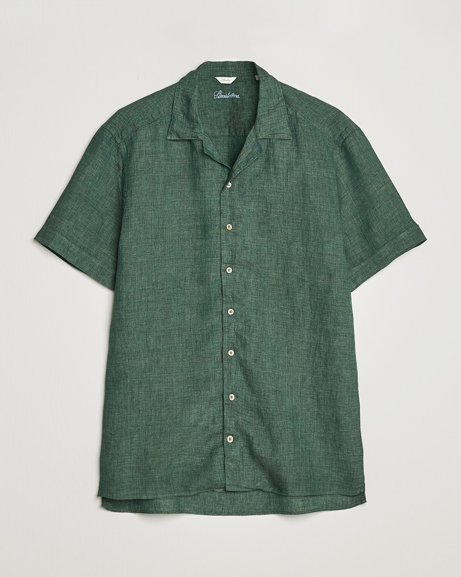 Heren | Overhemden | Stenströms | Slimline Short Sleeve Resort Linen Shirt Dark Green