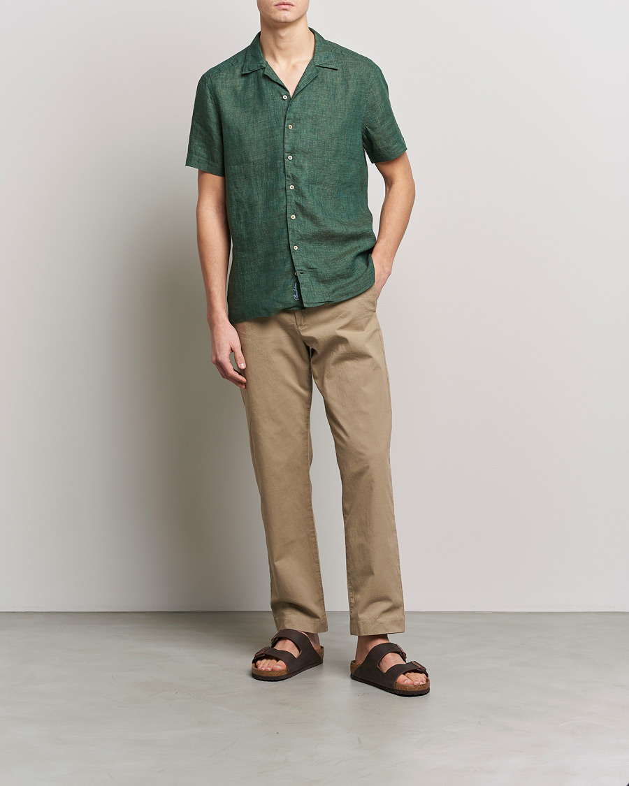 Heren | Overhemden | Stenströms | Slimline Short Sleeve Resort Linen Shirt Dark Green