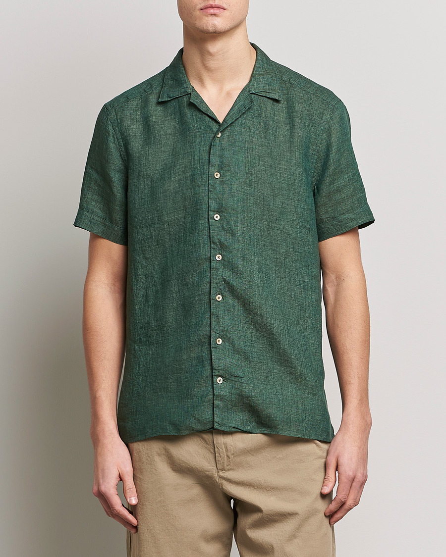 Heren | Overhemden | Stenströms | Slimline Short Sleeve Resort Linen Shirt Dark Green