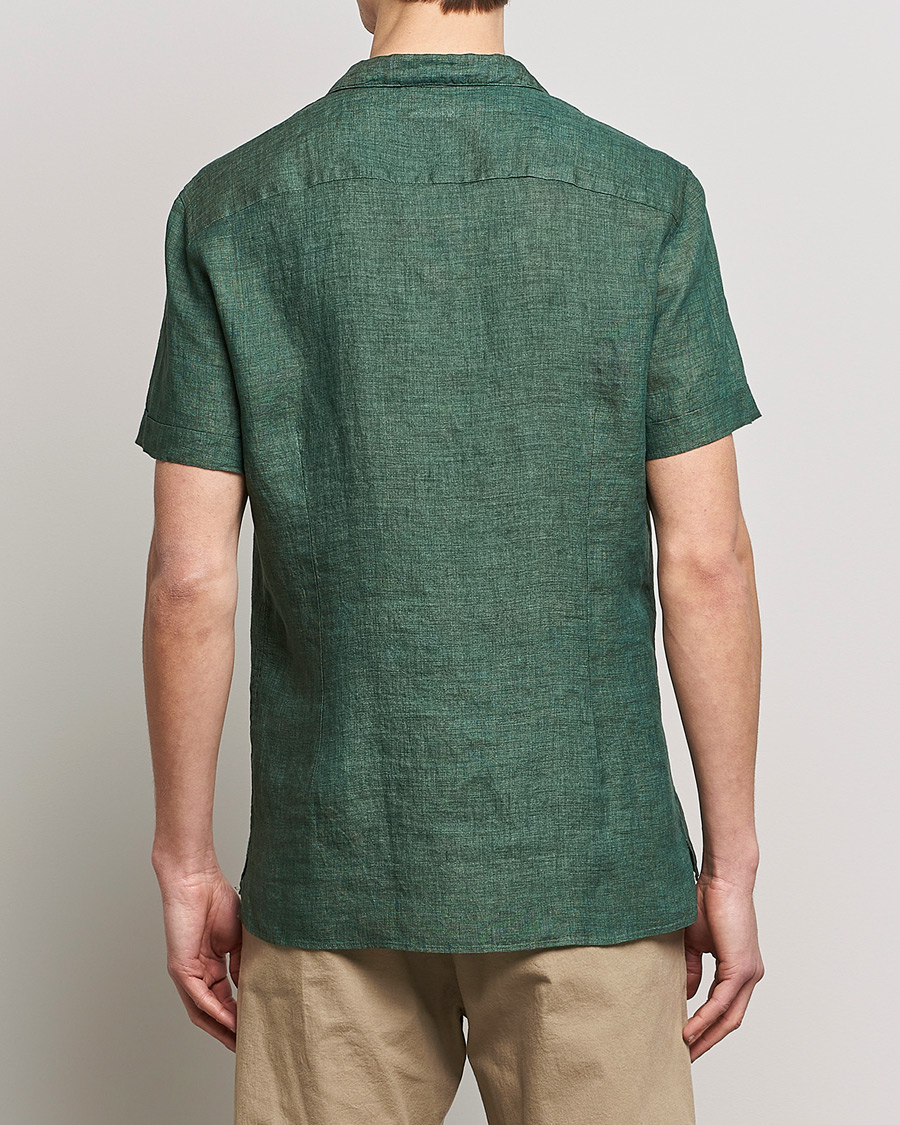 Heren | Overhemden | Stenströms | Slimline Short Sleeve Resort Linen Shirt Dark Green