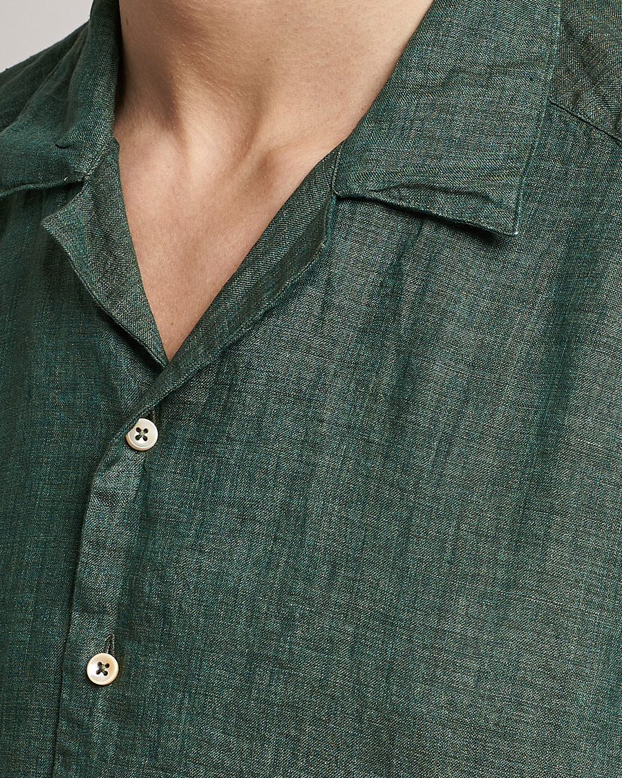 Heren | Overhemden | Stenströms | Slimline Short Sleeve Resort Linen Shirt Dark Green