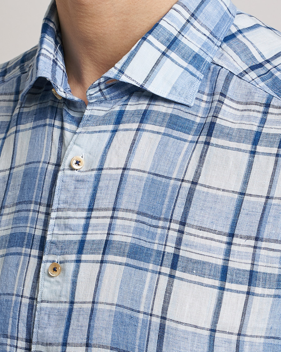 Heren | Overhemden | Stenströms | Slimline Cut Away Checked Linen Shirt Blue
