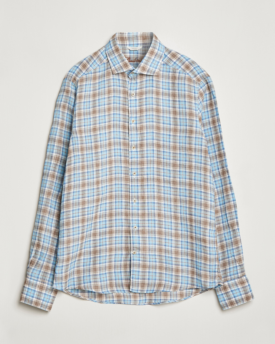 Heren | Overhemden | Stenströms | Slimline Cut Away Checked Linen Shirt Blue/Beige