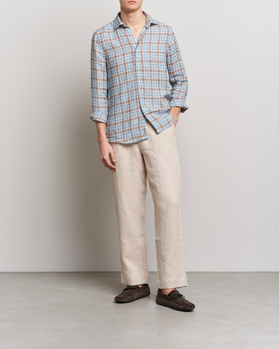 Heren | Overhemden | Stenströms | Slimline Cut Away Checked Linen Shirt Blue/Beige