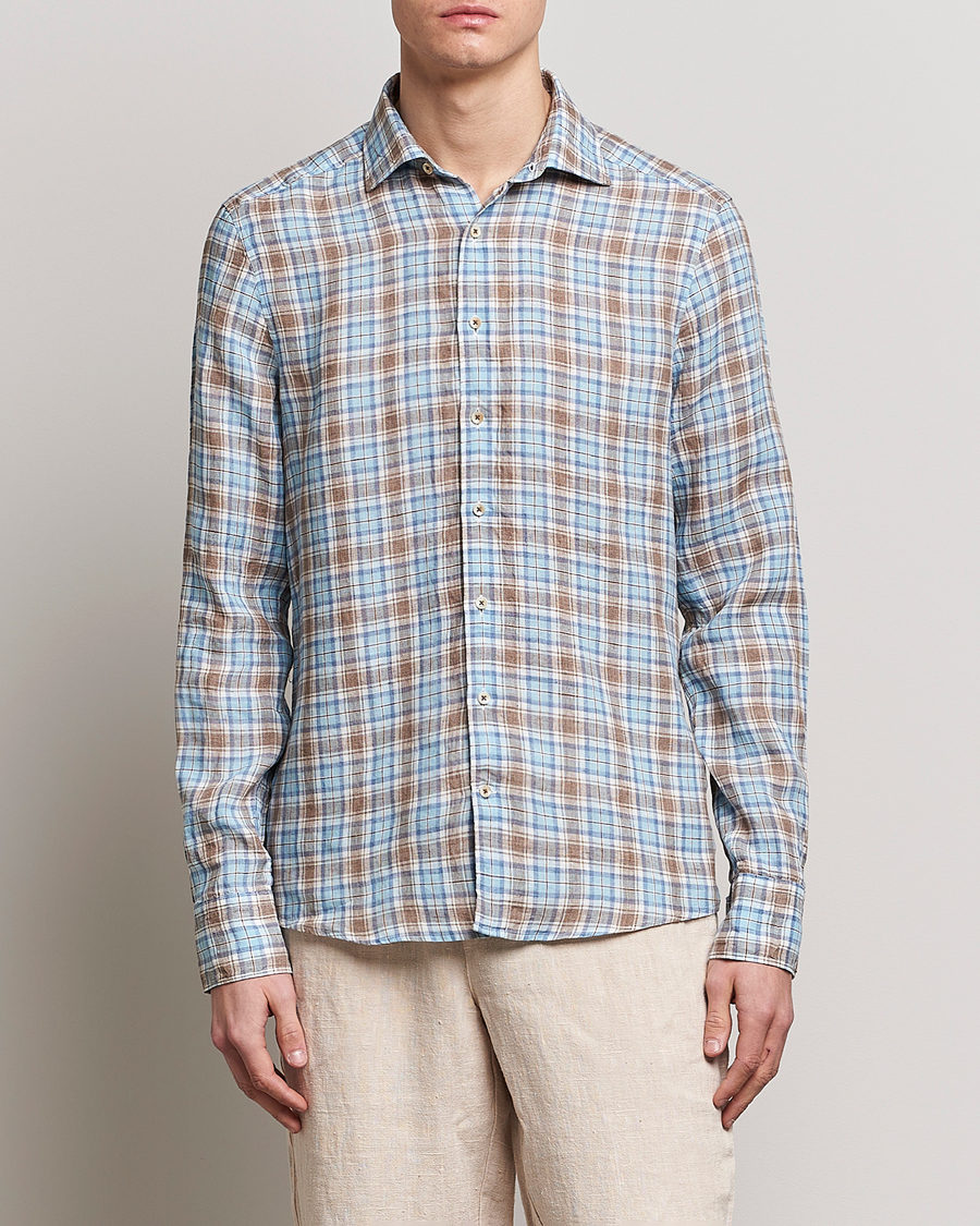 Heren | Overhemden | Stenströms | Slimline Cut Away Checked Linen Shirt Blue/Beige