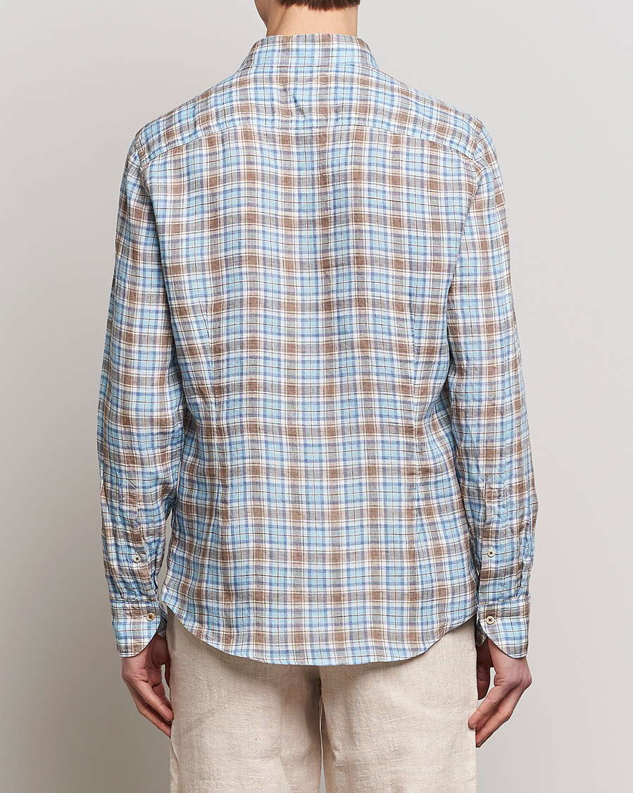 Heren | Overhemden | Stenströms | Slimline Cut Away Checked Linen Shirt Blue/Beige