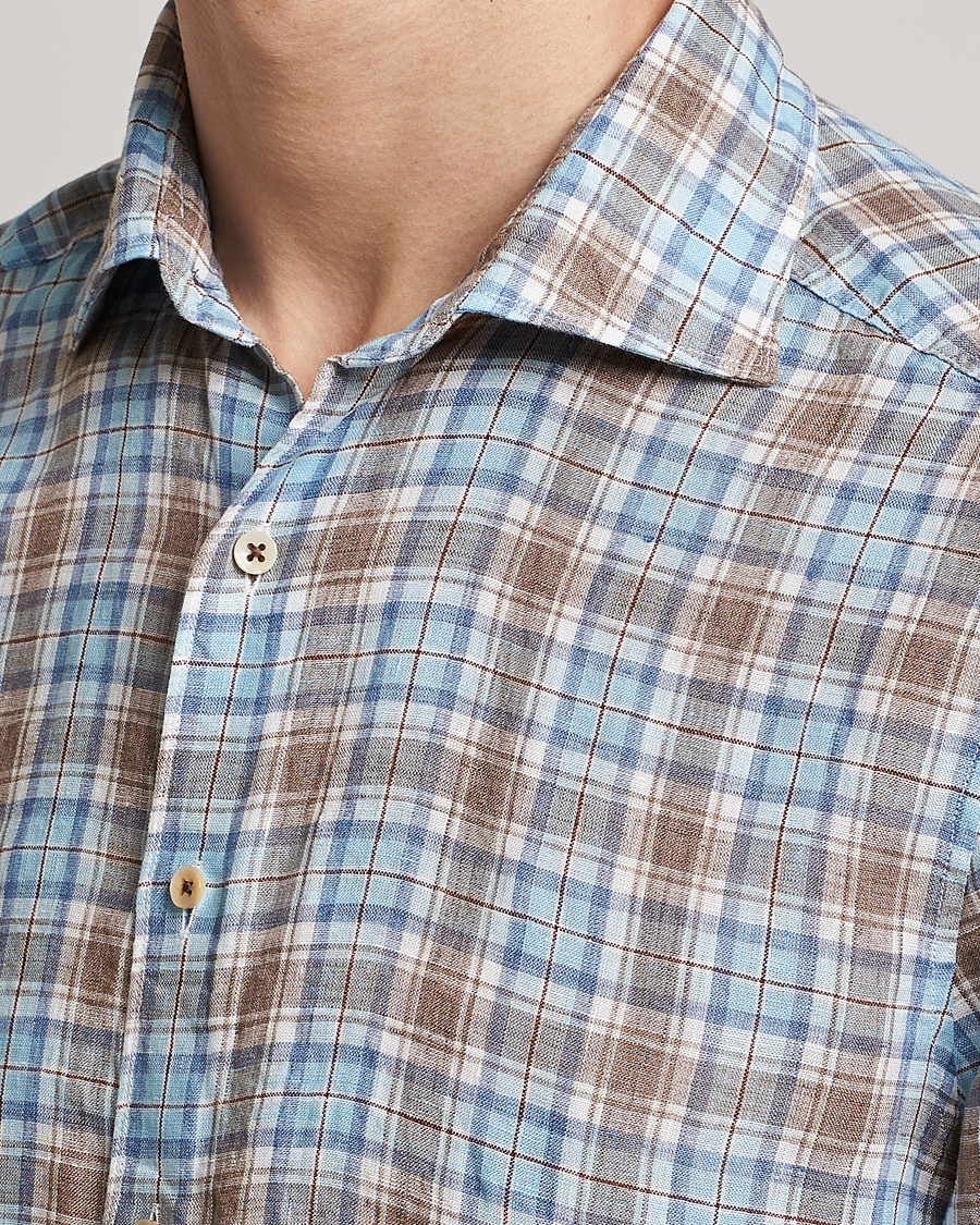 Heren | Overhemden | Stenströms | Slimline Cut Away Checked Linen Shirt Blue/Beige