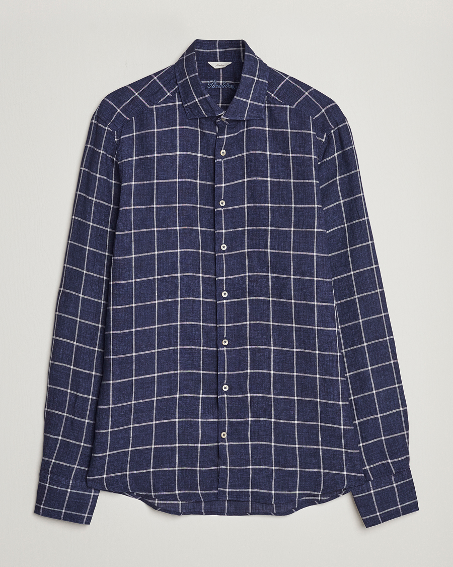 Heren | Overhemden | Stenströms | Slimline Cut Away Checked Linen Shirt Dark Blue