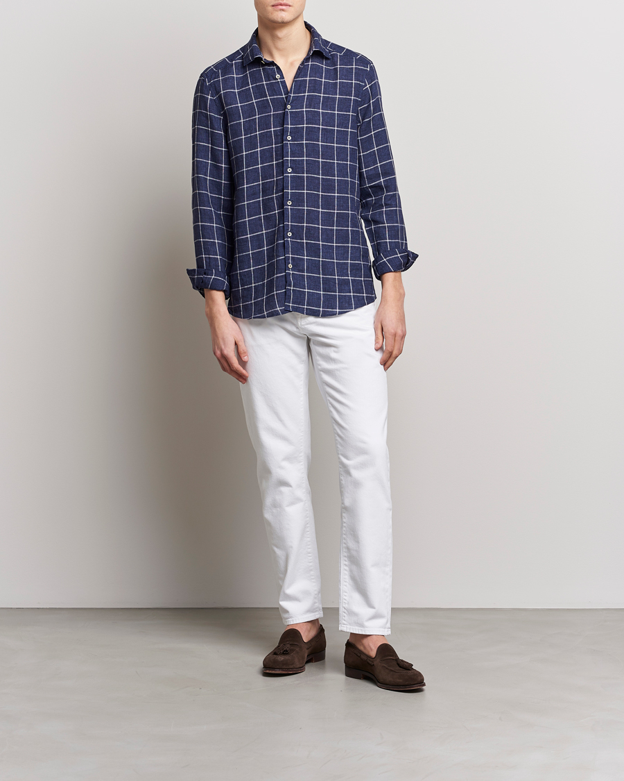 Heren | Overhemden | Stenströms | Slimline Cut Away Checked Linen Shirt Dark Blue