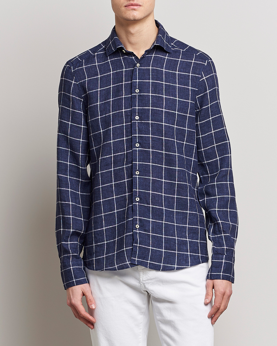 Heren | Overhemden | Stenströms | Slimline Cut Away Checked Linen Shirt Dark Blue
